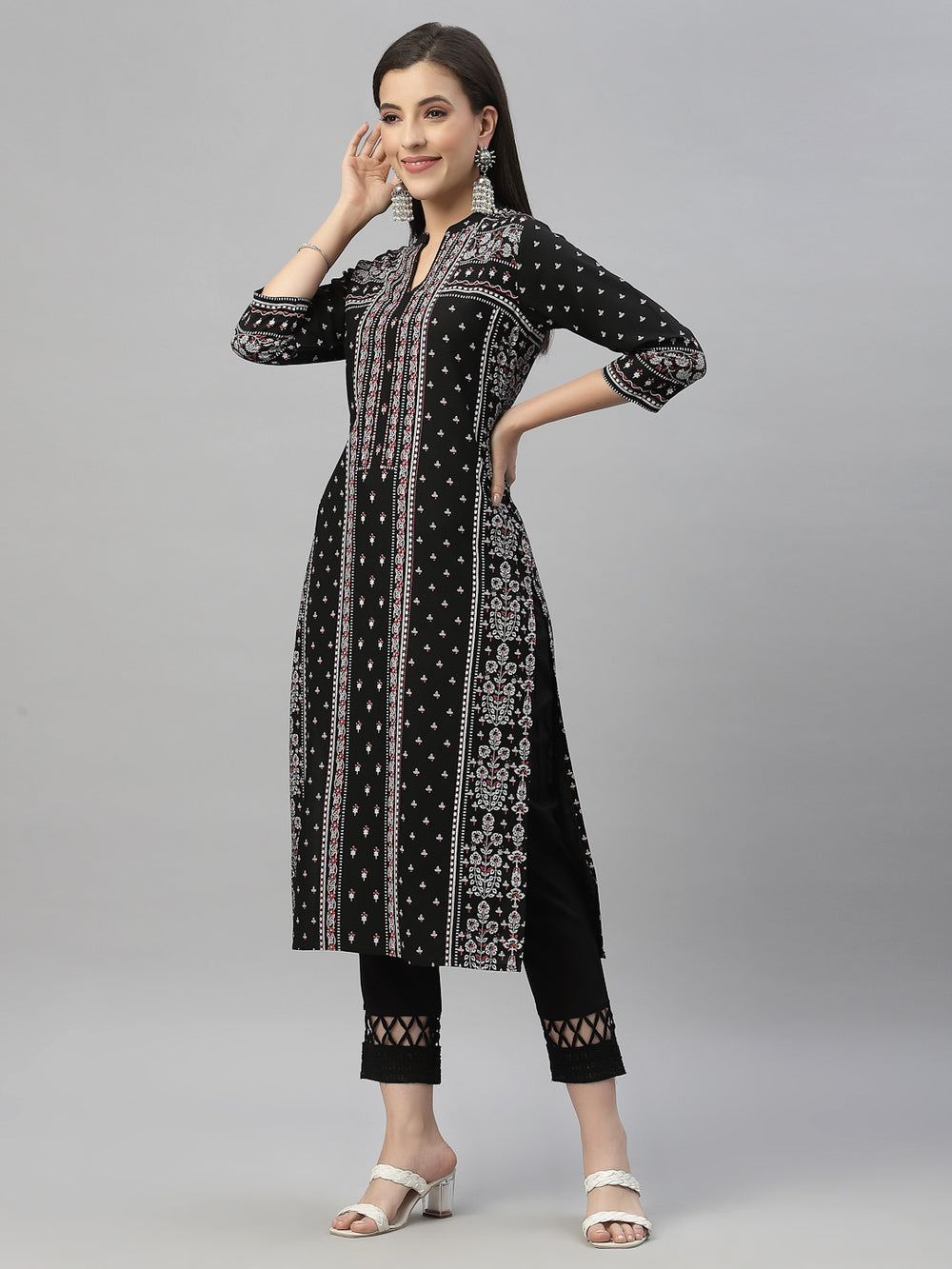 Juniper Black Rayon Festive Placement Print Straight Kurta For Women | Swadesiicart