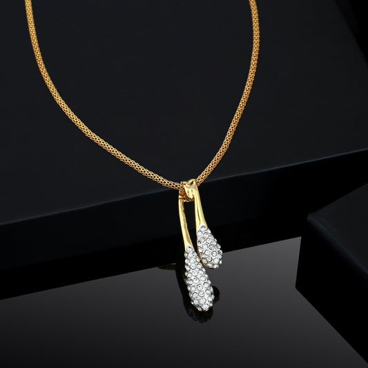 Estele Gold-Polished White Crystals Adorned Twin Droplet Designer Pendant Necklace with Chain for Women/Girls | Swadesiicart