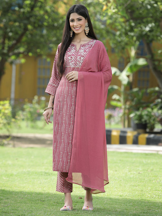 Juniper Onion Pink Muslin Festive Printed Straight Skd For Women - Swadesiicart