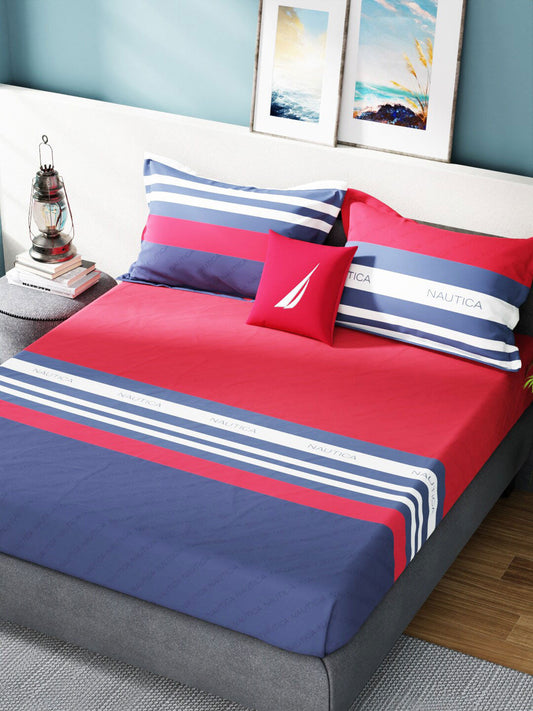 Nautica Bradford Red & Blue Striped 160 TC Pure Cotton King Bedsheet & 2 Pillow Covers - Swadesiicart