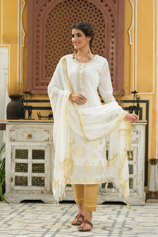 Juniper Off - White Georgette Festive Printed Straight Kurta Dupatta Set For Women - Swadesiicart