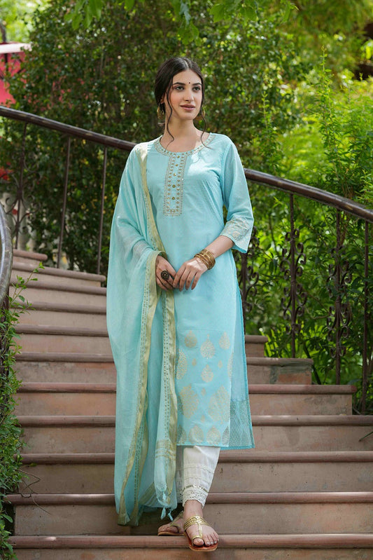 Juniper Sky Blue Georgette Festive Printed Straight Kurta Dupatta Set For Women | Swadesiicart