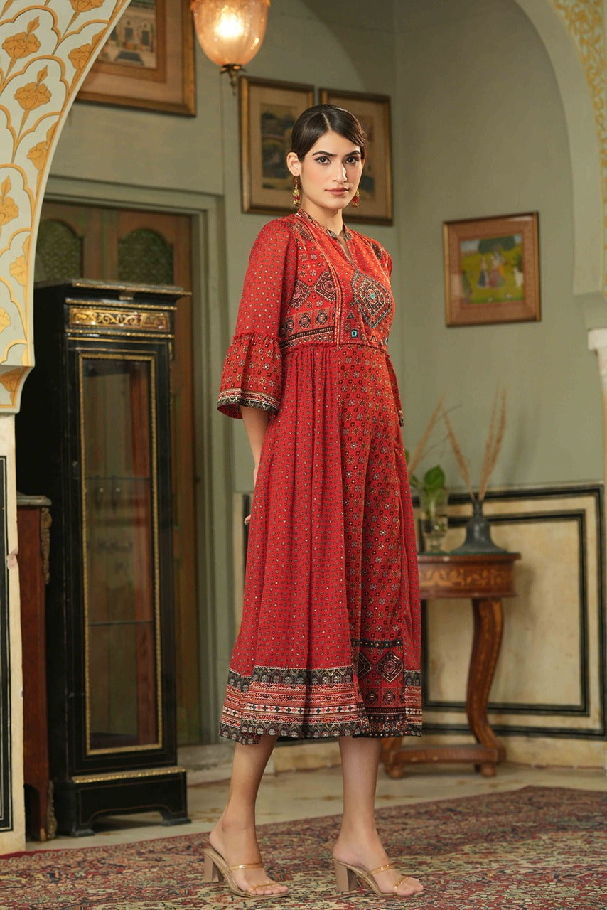 Juniper Red Georgette Festive Printed Flared Dress For Women | Swadesiicart