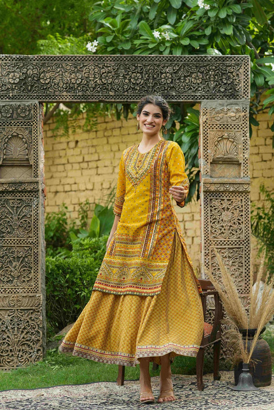 Juniper Mustard Chanderi Festive Printed Flared Kurta For Women - Swadesiicart