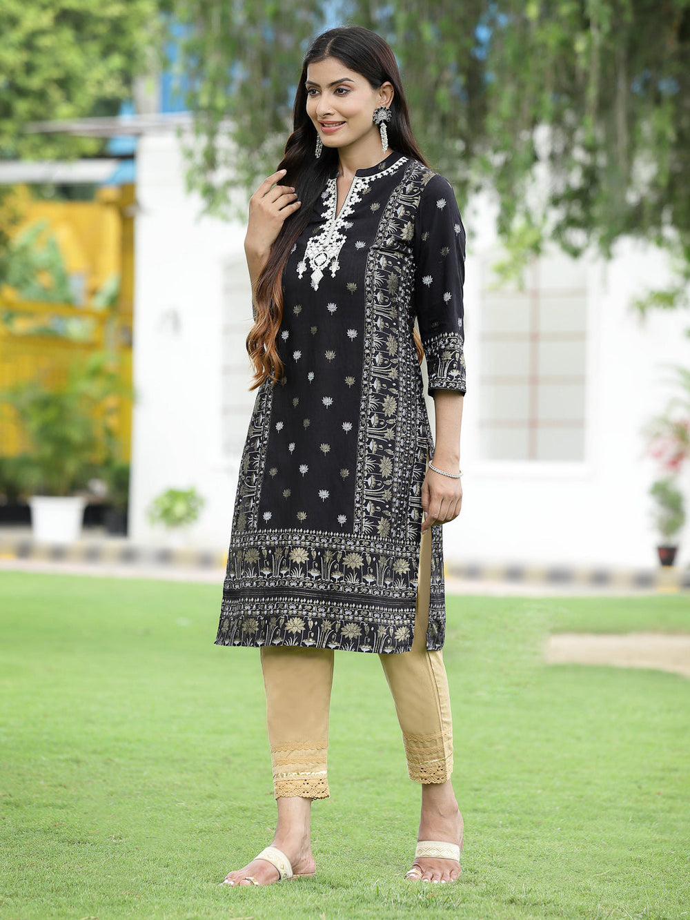 Juniper Women Black Rayon Festive Embroidered Straight Kurta | Swadesiicart