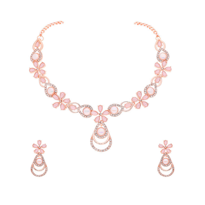 Tehzeeb Creations Rose Gold-Polished Baby Pink Colour Necklace With Stud - Swadesiicart