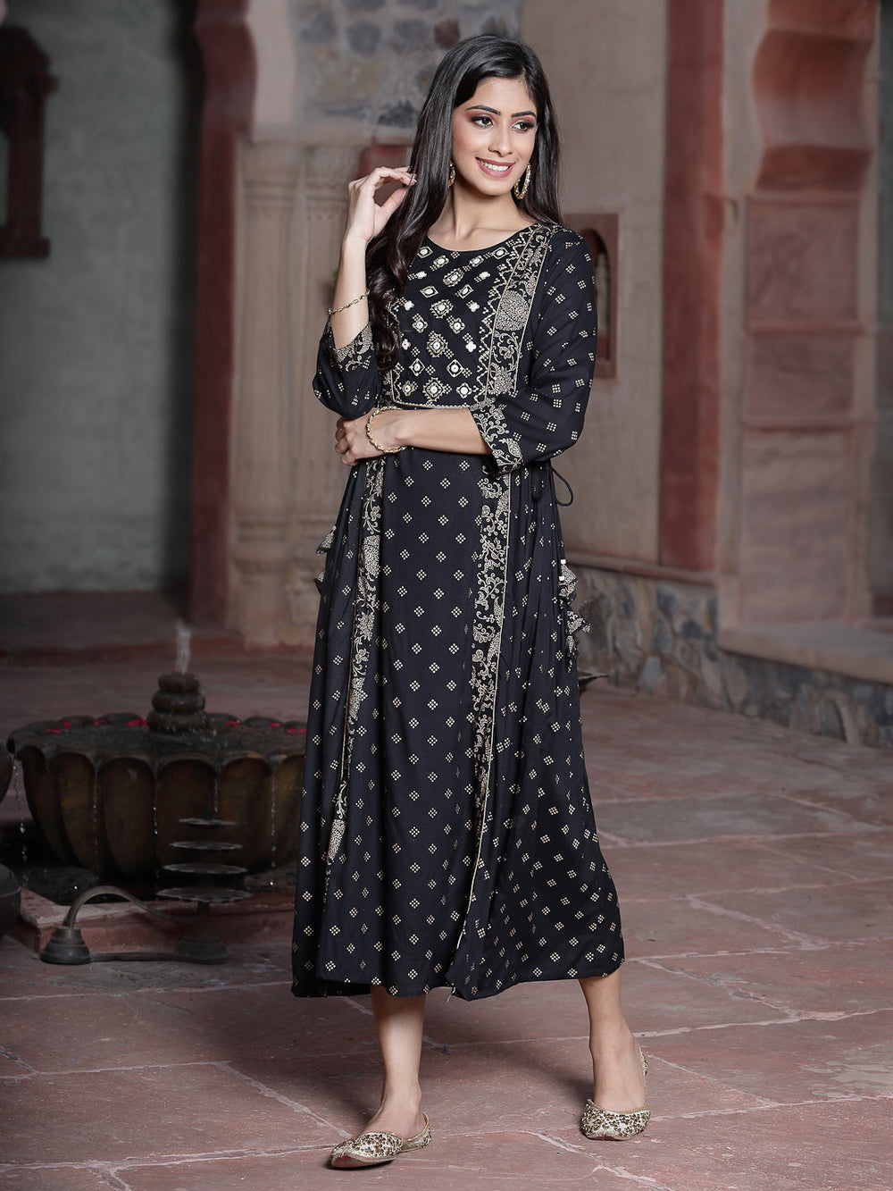 Juniper Women's Black Rayon Printed Embroidered Flared Dress | Swadesiicart