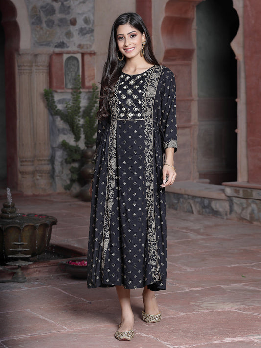 Juniper Women's Black Rayon Printed Embroidered Flared Dress | Swadesiicart