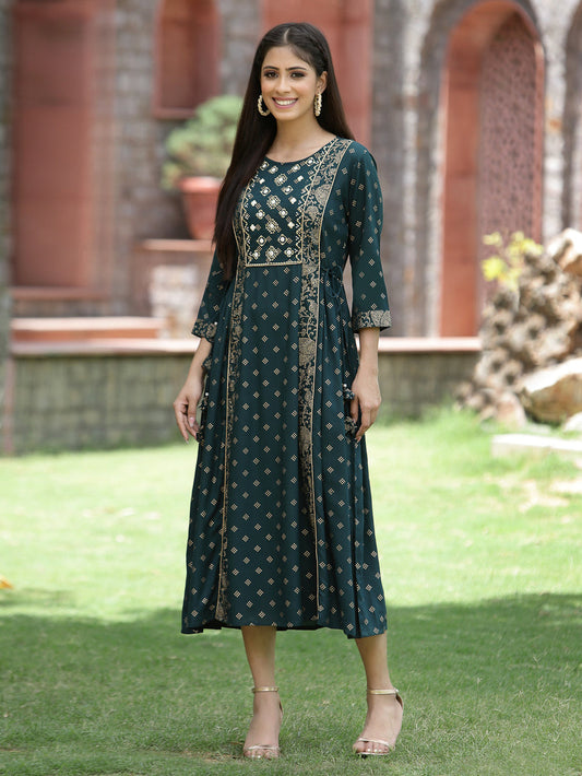 Juniper Bottle Green Rayon Festive Printed Embroidered Flared Dress For Women | Swadesiicart