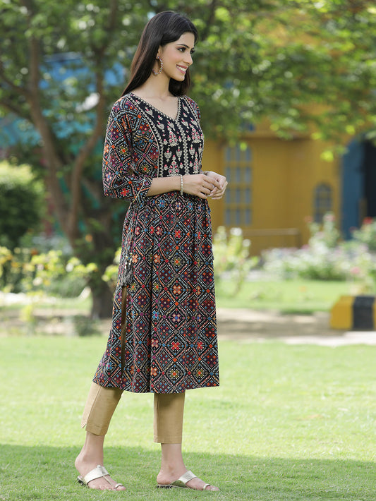 Juniper Black Rayon Festive Printed Flared Kurta For Women - Swadesiicart