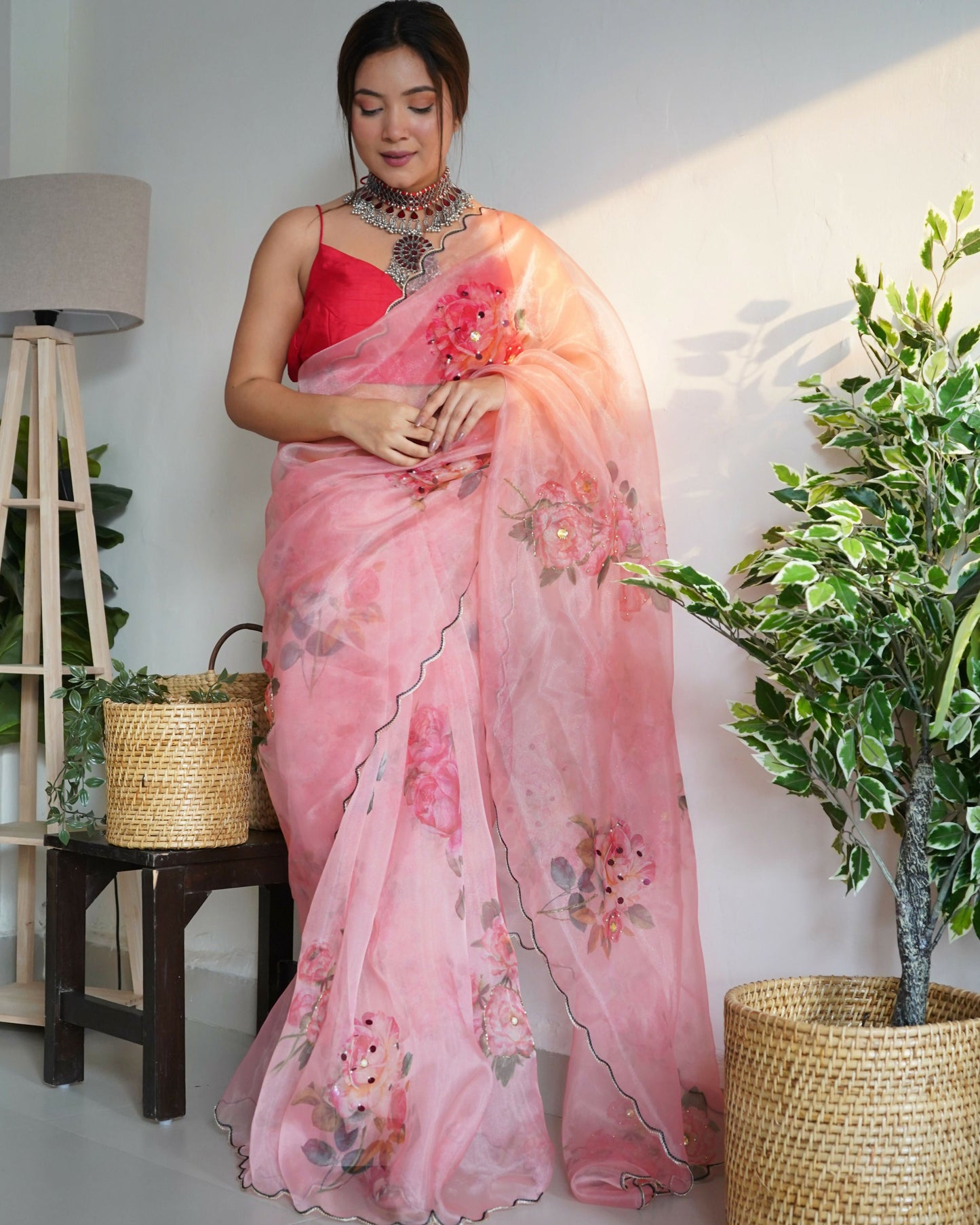 Vamsee Ramya Onion Organza Saree - Swadesiicart
