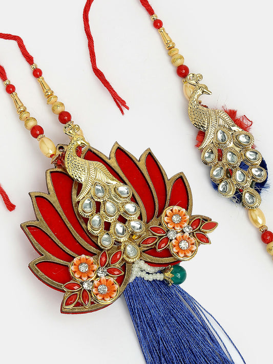 NVR Women & Men Set of 2 Gold-Toned Peacock Design Stone-Studded Bhaiya Bhabhi Rakhi With Roli Chawal | Swadesiicart