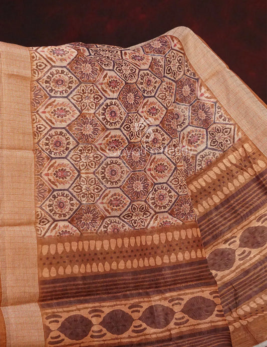 Wheat Colour All Over Print Semi Chanderi Saree By Gayathri Reddy Designer Studio | Swadesiicart