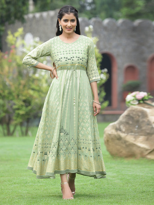 Juniper Sage Green Georgette Festive Foil Printed Flared Maxi For Women | Swadesiicart