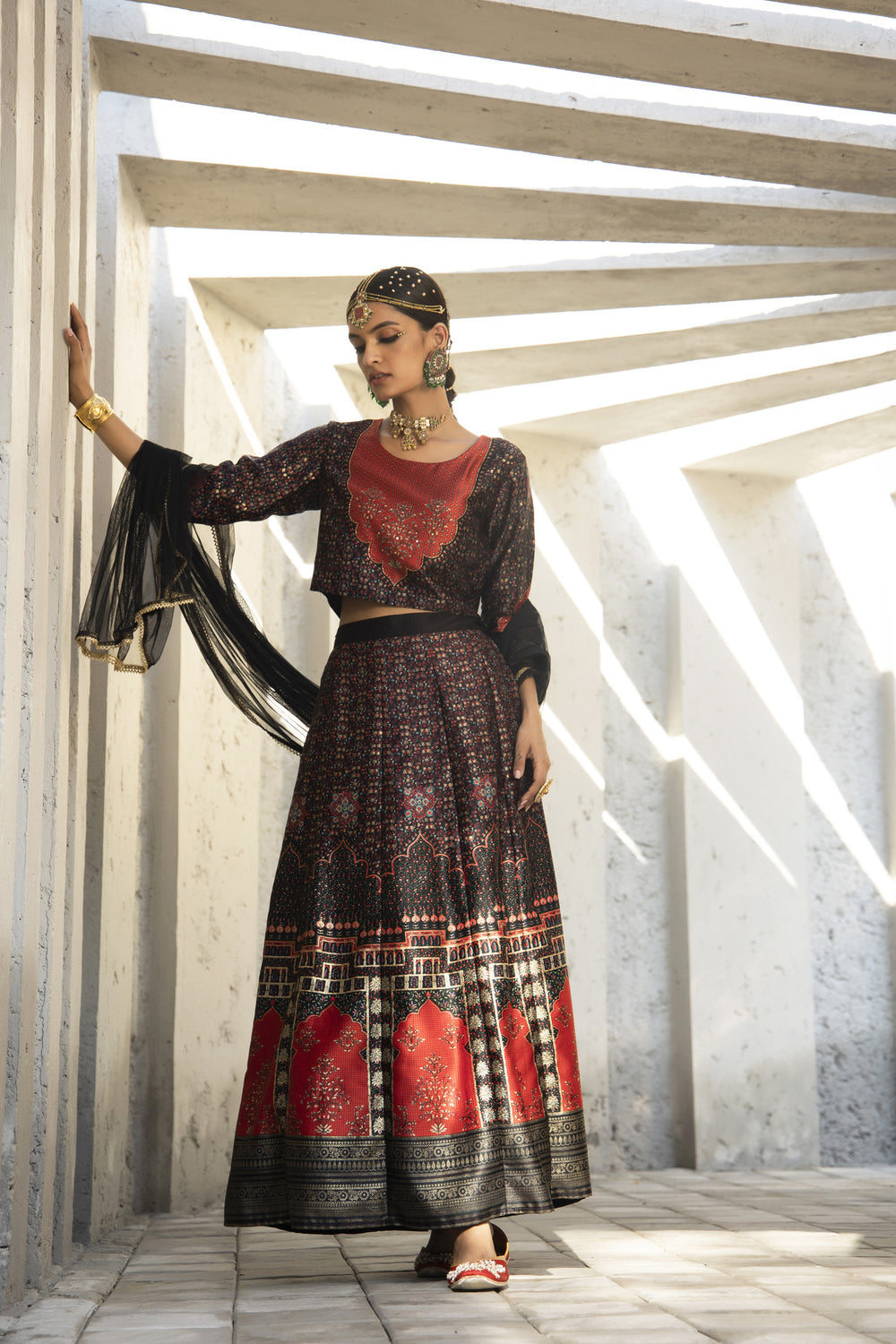 Juniper Black Dull Satin Festive Printed Crop Choli-Skirt Dupatta For Women | Swadesiicart