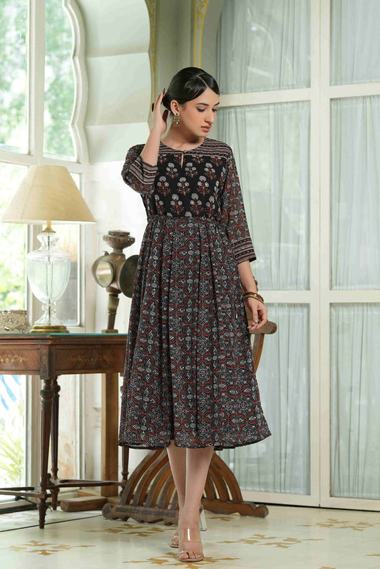 Juniper Black Georgette Festive Printed Anarkali Flared Anarkali Kurta For Women | Swadesiicart