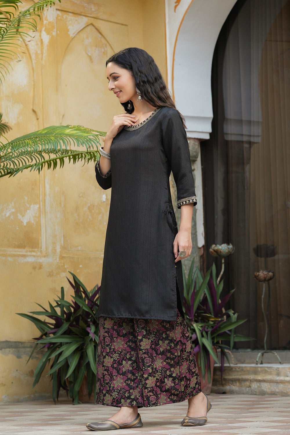 Juniper Black Satin Slub Festive Printed Straight Kurta Suit Set For Women | Swadesiicart