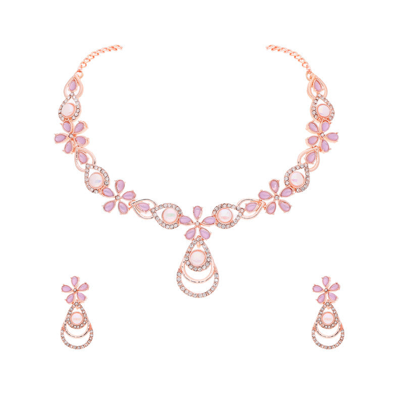 Tehzeeb Creations Rose Gold-Polished Lavender Colour Necklace With Stud - Swadesiicart