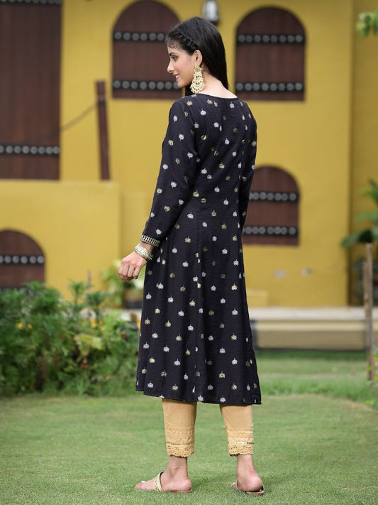 Juniper Women Black Rayon Festive Foil Printed Anarkali Flared Anarkali Kurta | Swadesiicart