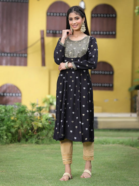 Juniper Women Black Rayon Festive Foil Printed Anarkali Flared Anarkali Kurta | Swadesiicart