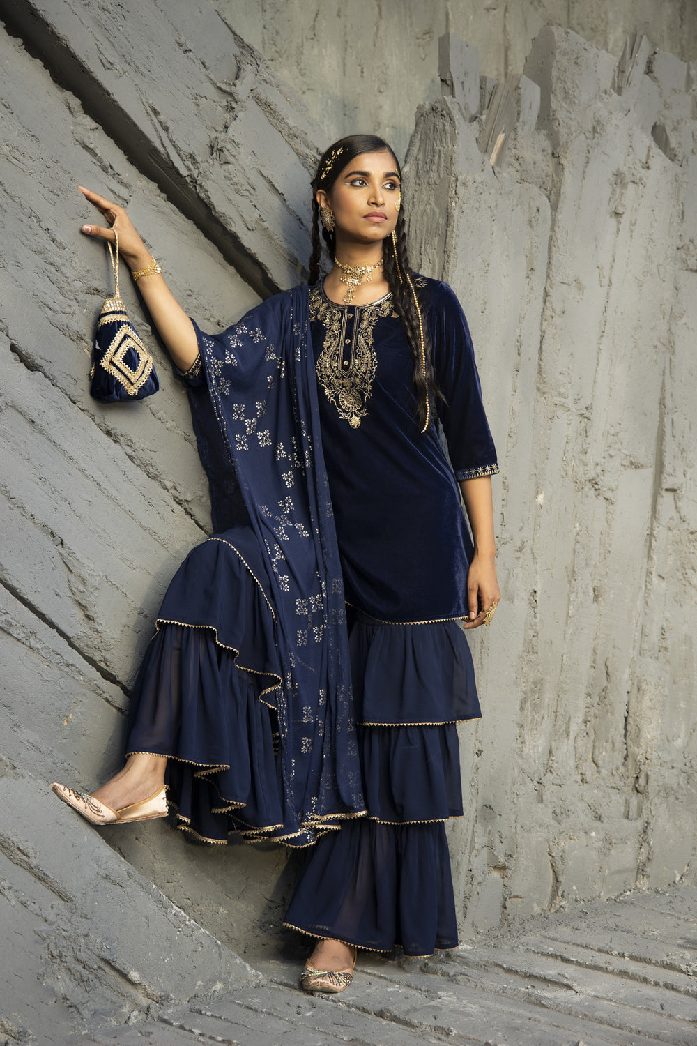 Juniper Blue Velvet Festive Solid Straight kurta Sharara Set For Women | Swadesiicart