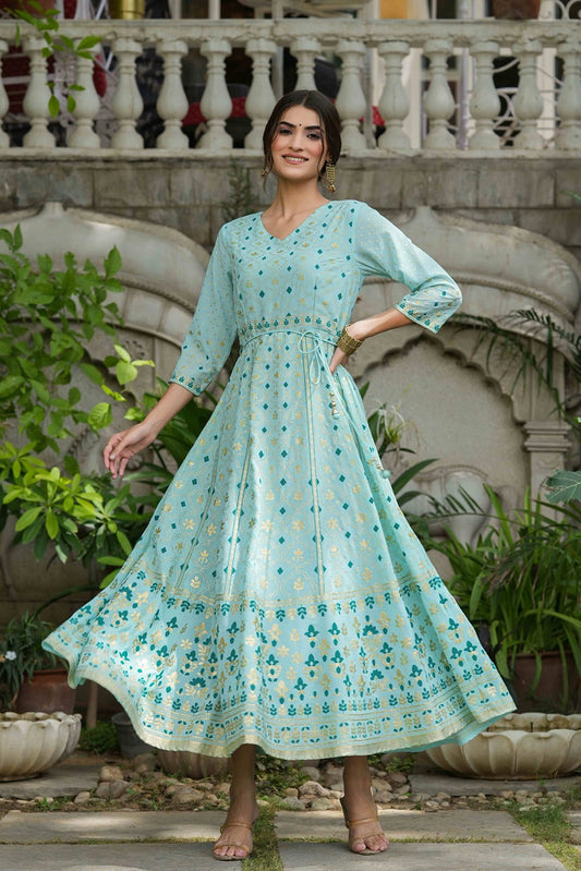 Juniper Sky Blue Georgette Festive Printed Flared Maxi For Women | Swadesiicart
