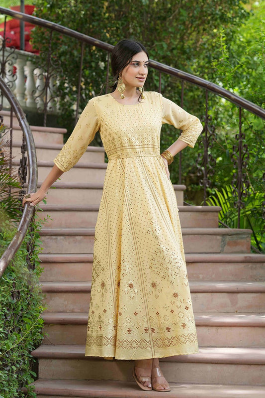 Juniper Light Yellow Georgette Festive Printed Flared Maxi For Women | Swadesiicart