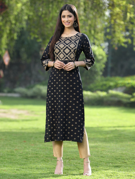 Juniper Black Rayon Festive Wear Embroidered Flared Kurta | Swadesiicart