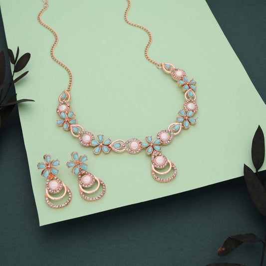 Tehzeeb Creations Rose Gold-Polished Sky Blue Colour Necklace With Stud - Swadesiicart