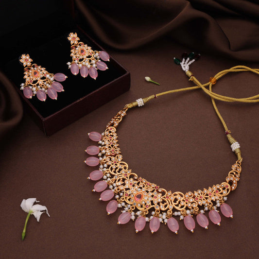 Tehzeeb Creations Gold-Polished Baby Pink Colour Necklace With Stud - Swadesiicart