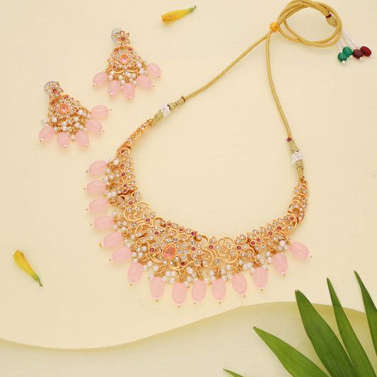 Tehzeeb Creations Gold-Polished Baby Pink Colour Necklace With Stud - Swadesiicart