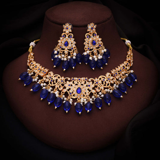 Tehzeeb Creations Gold-Polished Blue Colour Necklace With Stud - Swadesiicart