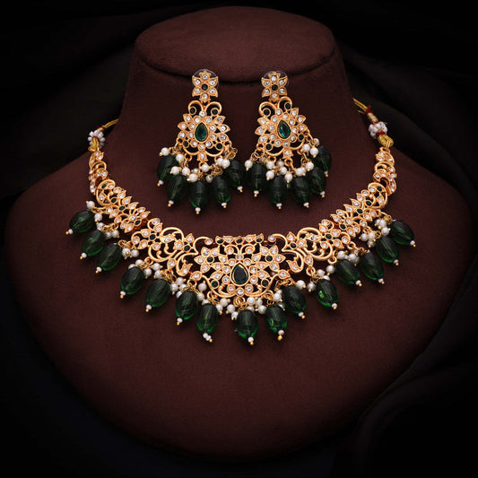 Tehzeeb Creations Gold-Polished Green Colour Necklace With Stud - Swadesiicart