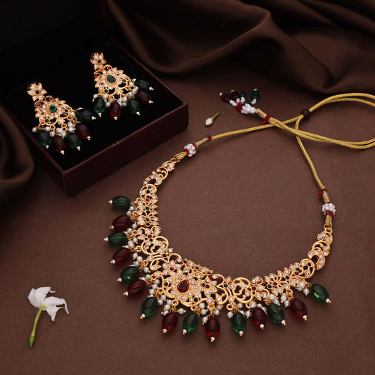 Tehzeeb Creations Gold-Polished Maroon Colour Necklace With Stud - Swadesiicart