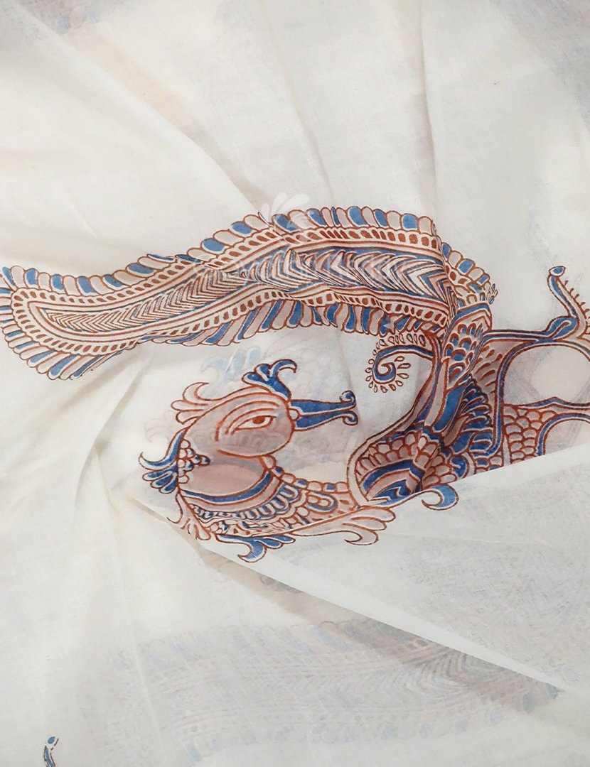 Cream Colour Peacock Block Print Crocia Mulmul Cotton Saree By Gayathri Reddy Designer Studio | Swadesiicart