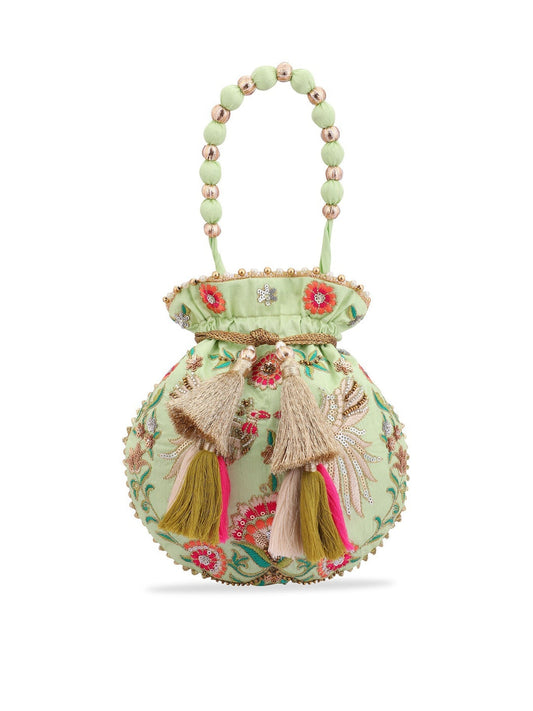 Masq Green & Red Embroidered Potli Clutch