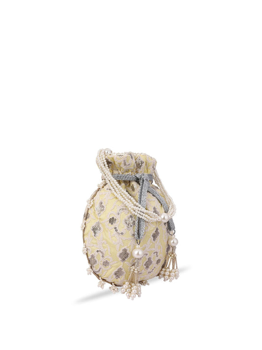Masq Women Yellow & Grey Embellished Embroidered Potli Clutch - Swadesiicart