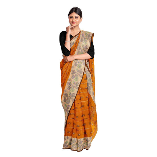 Exclusive Collection 100% Pure Cotton Orange Tant Saree With Hand Weaving Work - Swadesiicart