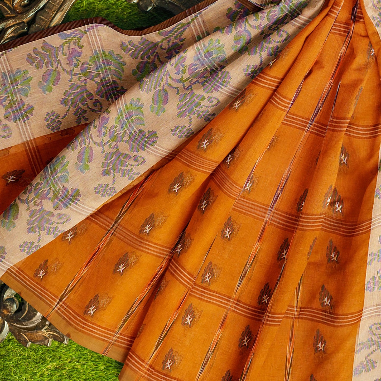 Exclusive Collection 100% Pure Cotton Orange Tant Saree With Hand Weaving Work - Swadesiicart