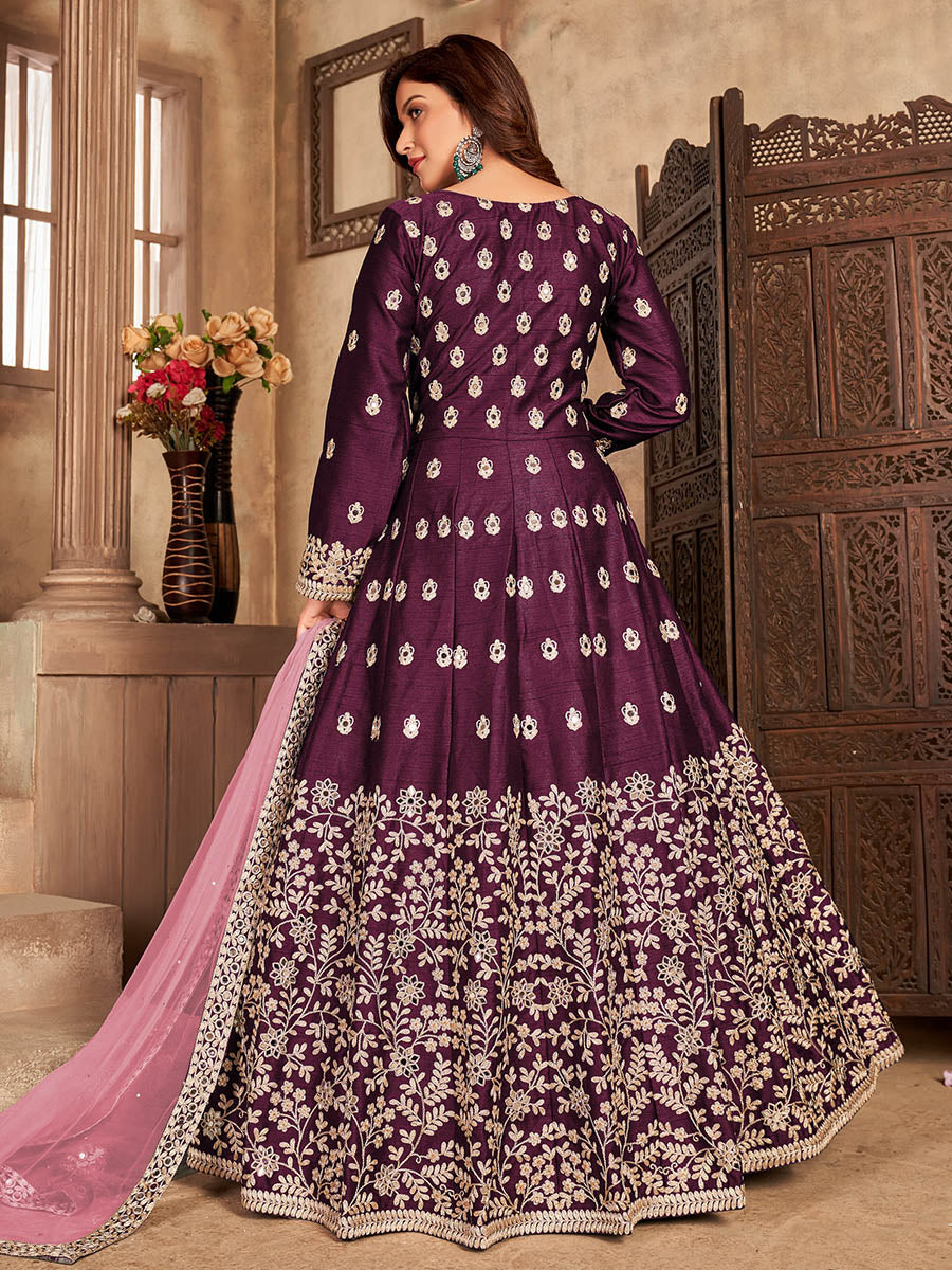 Myra Wine Art Silk Embroidered Anarkali Suit | Swadesiicart