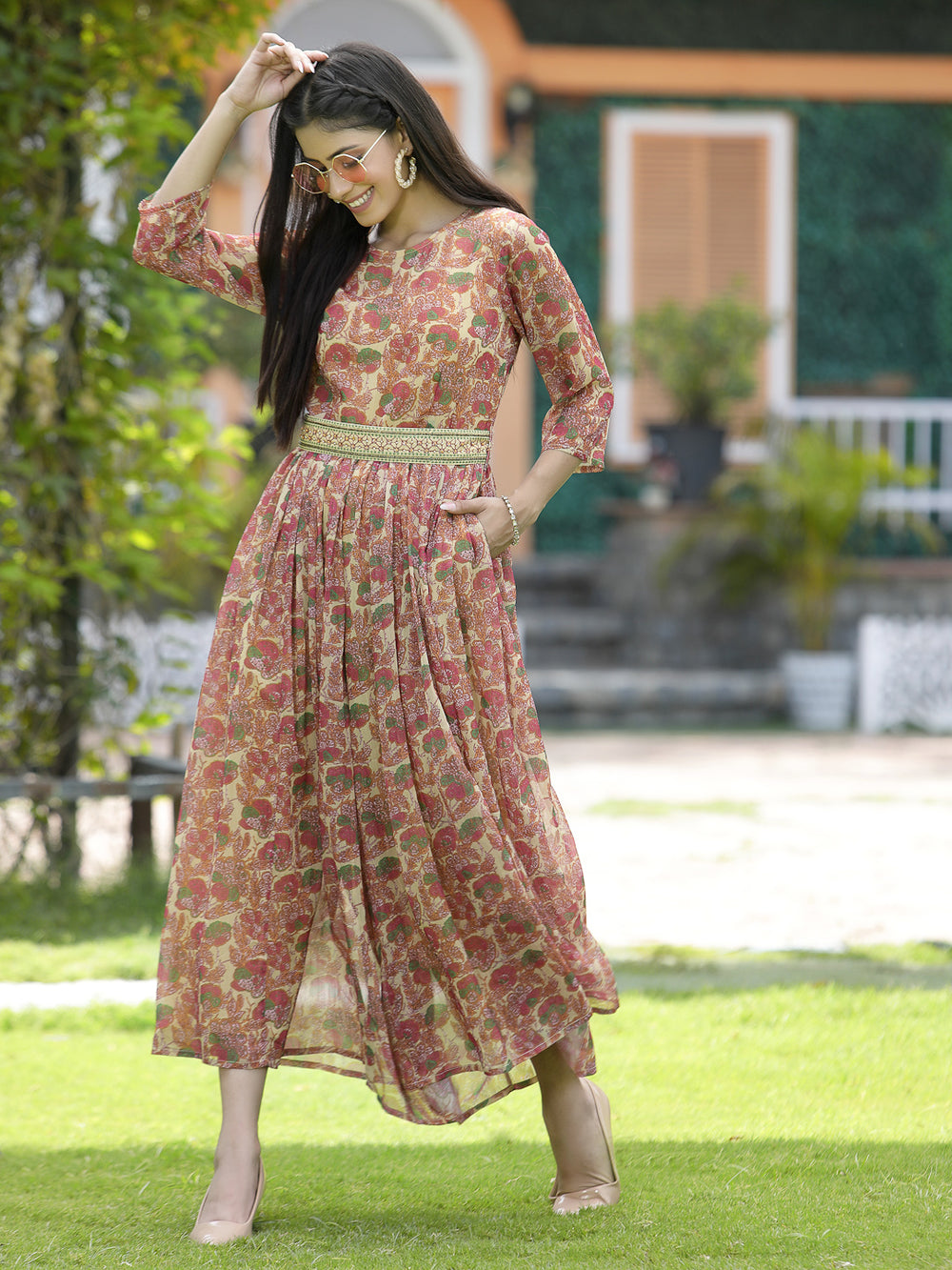 Juniper Fuchsia Chiffon Casual Wear Printed Flared Jumpsuit - Swadesiicart