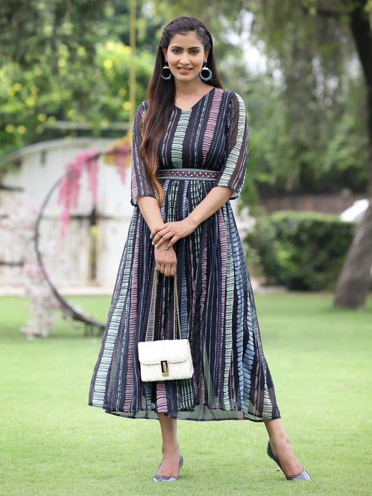 Juniper Black Multi Chiffon Festive Printed Flared Jump Suit For Women - Swadesiicart