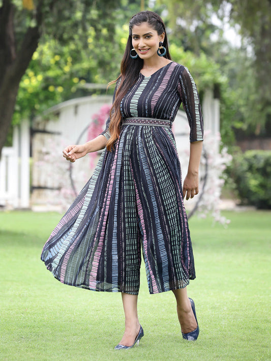 Juniper Black Multi Chiffon Festive Printed Flared Jump Suit For Women - Swadesiicart