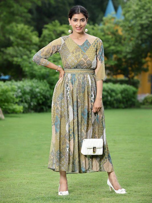 Juniper Green Multi Chiffon Festive Printed Flared Jump Suit For Women - Swadesiicart