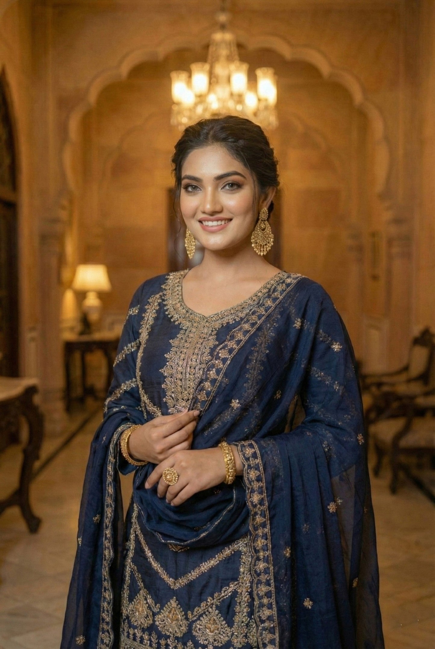 Anaita Navy Chinon Stitched Sharara Suit with Embroidery & Sequence Work