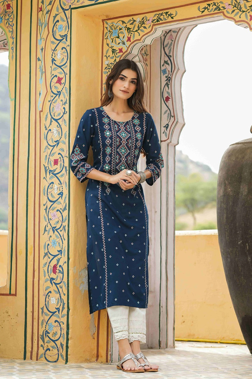 Juniper Blue Rayon Festive Printed Straight Kurta For Women | Swadesiicart