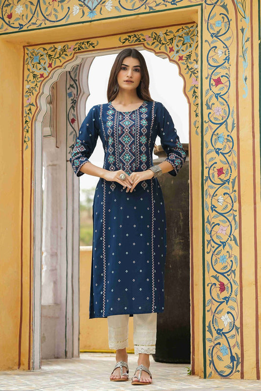 Juniper Blue Rayon Festive Printed Straight Kurta For Women | Swadesiicart
