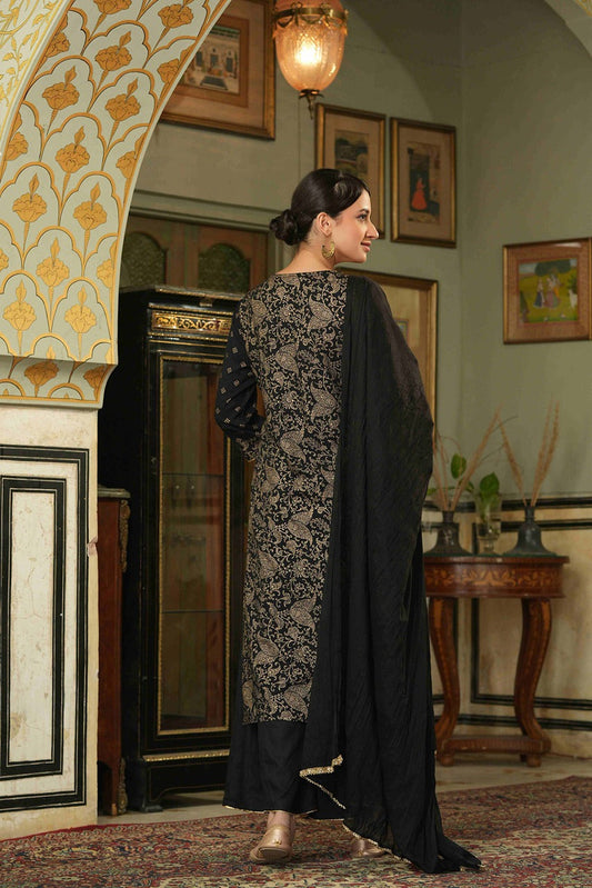 Juniper Black Rayon Festive Embroidered Straight Skd For Women | Swadesiicart