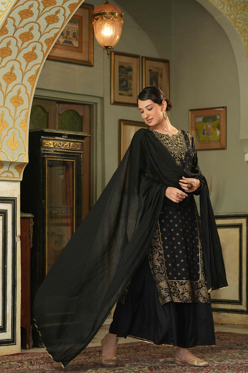 Juniper Black Rayon Festive Embroidered Straight Skd For Women | Swadesiicart