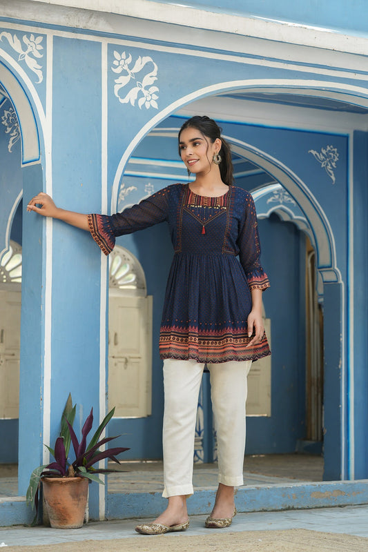 Juniper Indigo Georgette Festive Printed Flared Tunic For Women | Swadesiicart